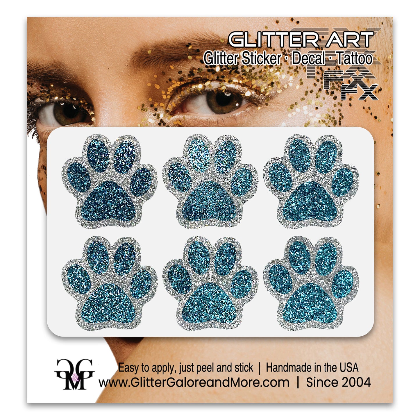 Glitter Paw Tattoo Stickers, Customizable Two Color Way, 1 Inch Diameter 6 Pieces - Silver and Gold Borders