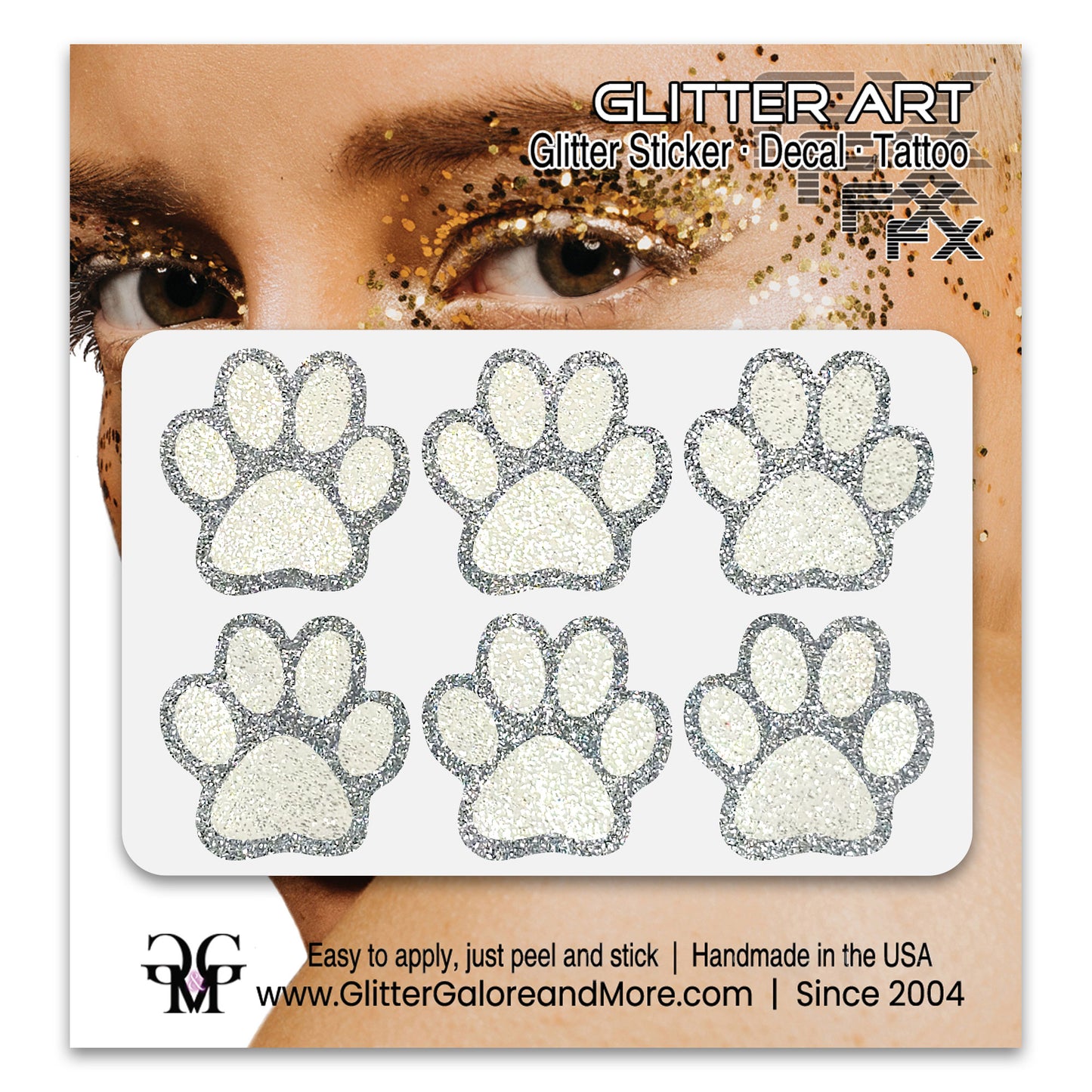 Glitter Paw Tattoo Stickers, Customizable Two Color Way, 1 Inch Diameter 6 Pieces - Silver and Gold Borders