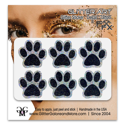 Glitter Paw Print Face Stickers, Silver Holographic Border with 34 Custom Fill Colors