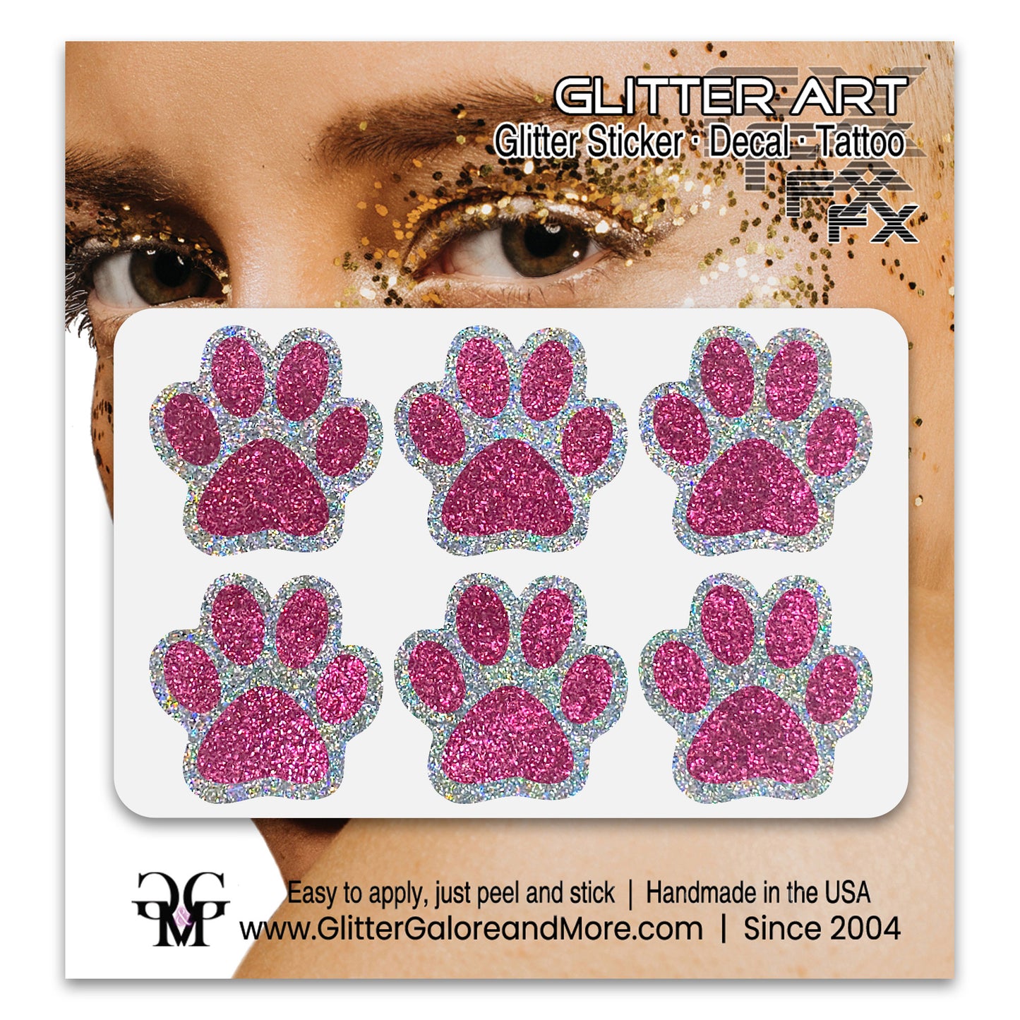 Glitter Paw Print Face Stickers, Silver Holographic Border with 34 Custom Fill Colors