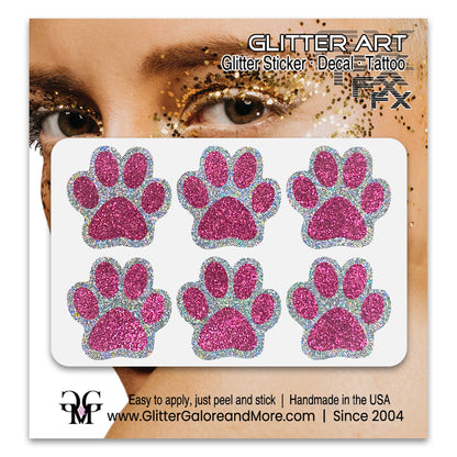 Glitter Paw Print Face Stickers, Silver Holographic Border with 34 Custom Fill Colors
