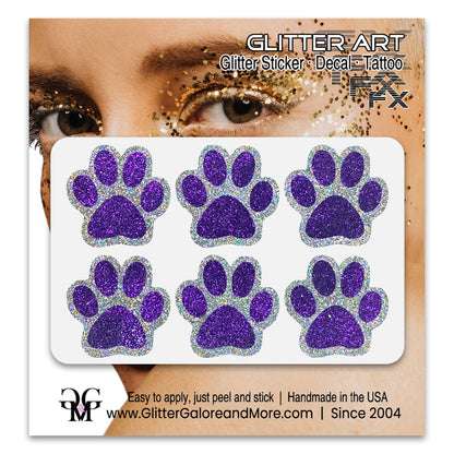 Glitter Paw Print Face Stickers, Silver Holographic Border with 34 Custom Fill Colors