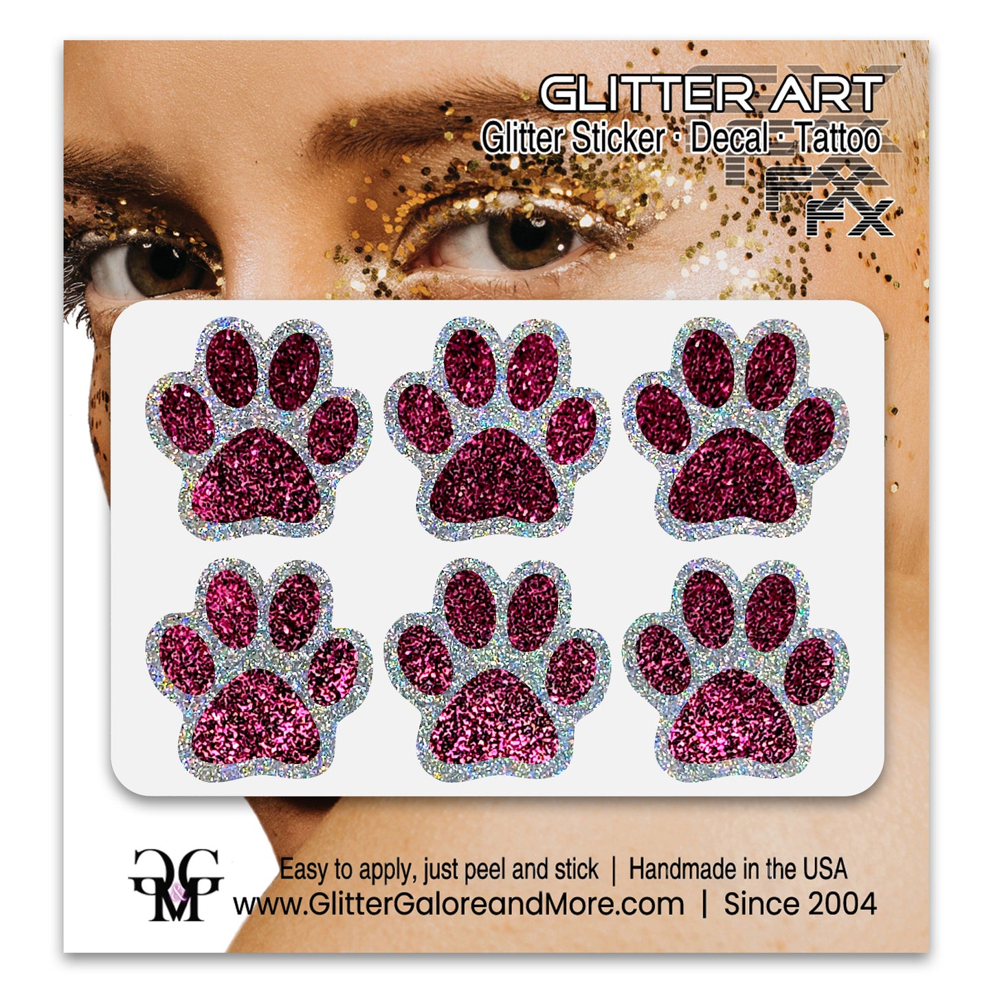 Glitter Paw Print Face Stickers, Silver Holographic Border with 34 Custom Fill Colors