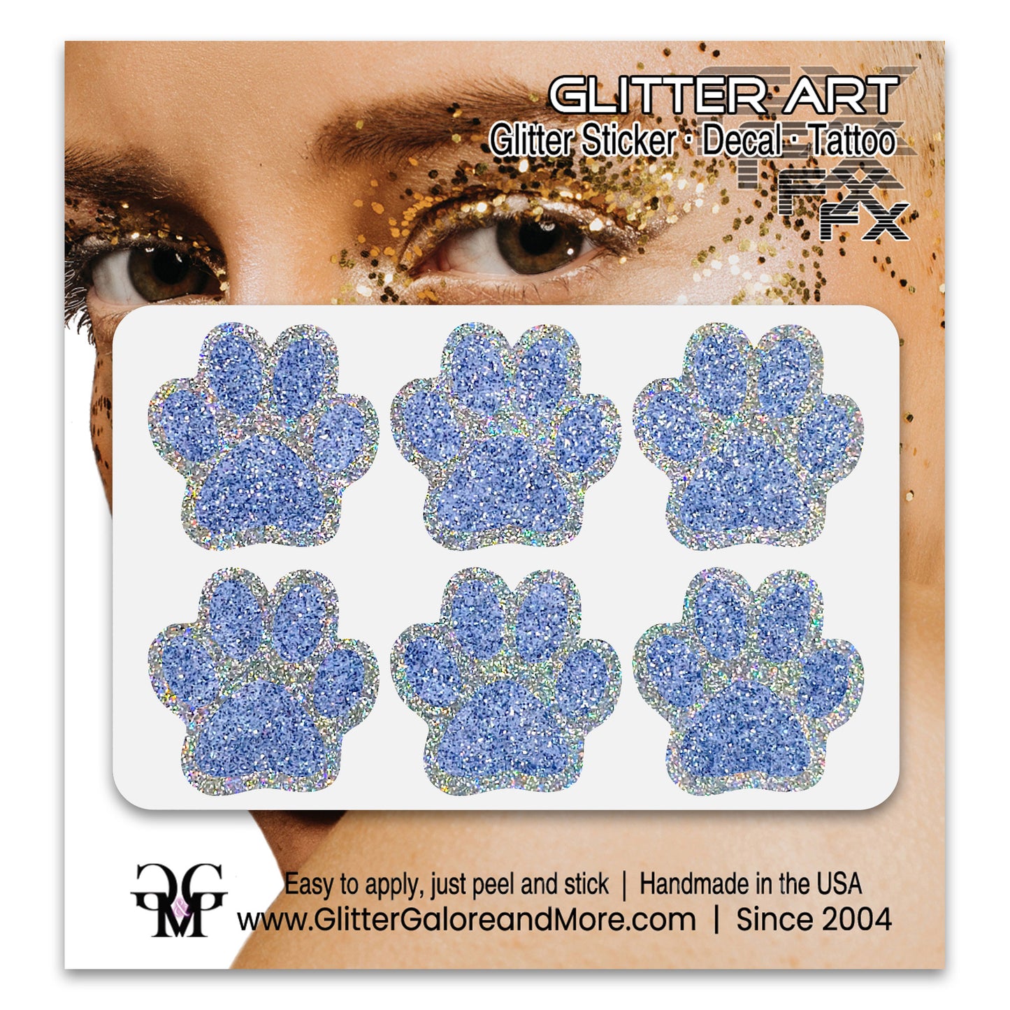 Glitter Paw Print Face Stickers, Silver Holographic Border with 34 Custom Fill Colors
