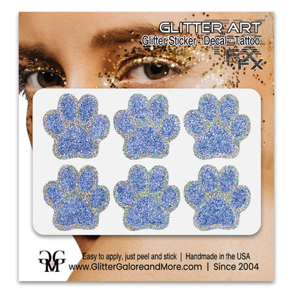 Glitter Paw Print Face Stickers, Silver Holographic Border with 34 Custom Fill Colors