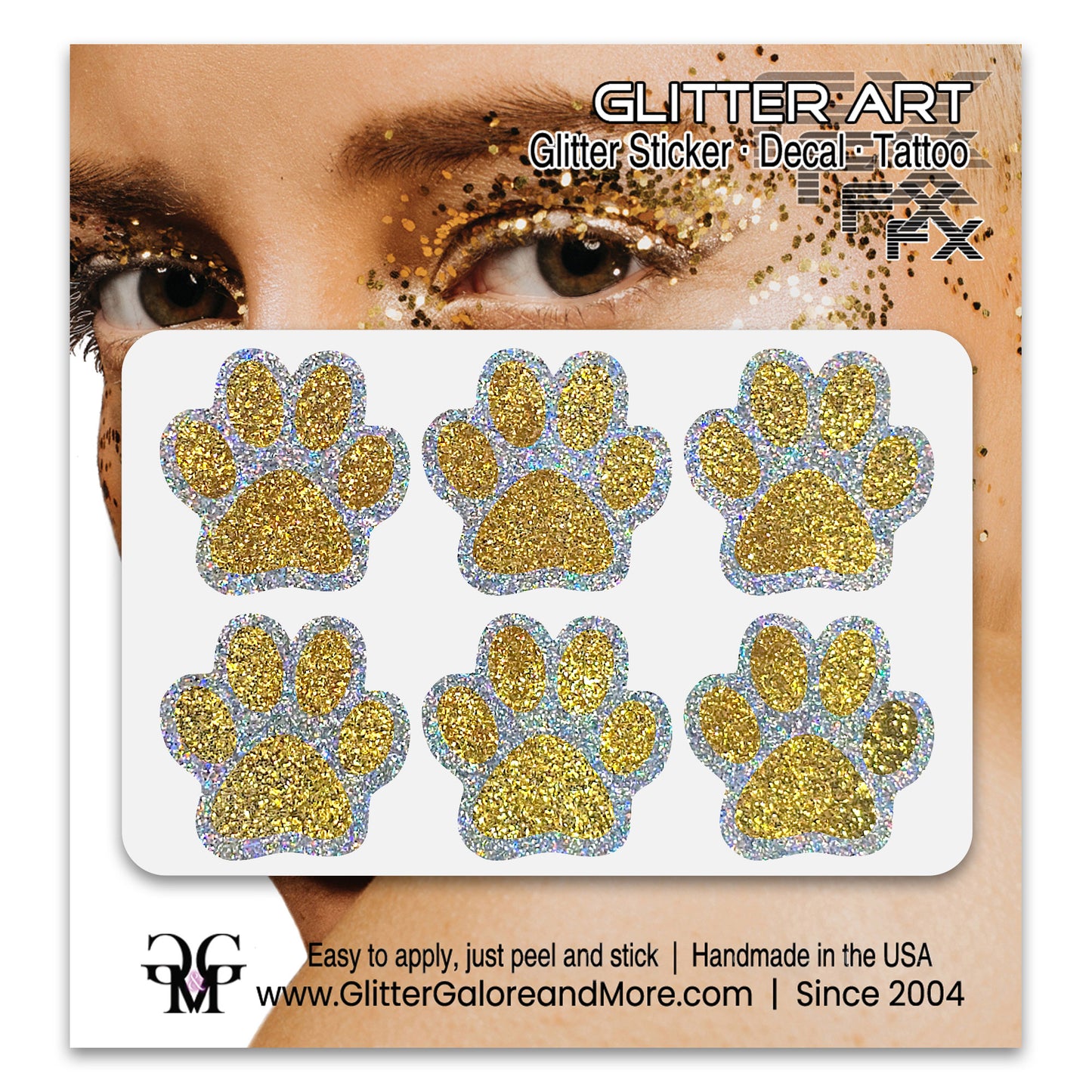 Glitter Paw Print Face Stickers, Silver Holographic Border with 34 Custom Fill Colors