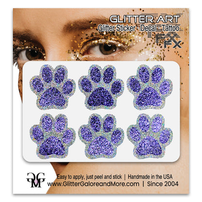 Glitter Paw Print Face Stickers, Silver Holographic Border with 34 Custom Fill Colors
