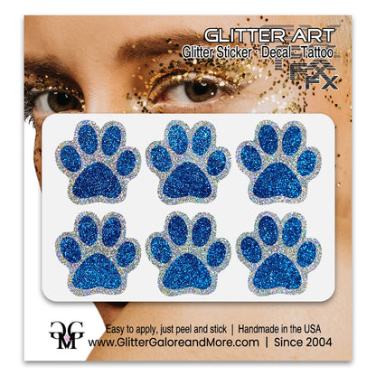 Glitter Paw Print Face Stickers, Silver Holographic Border with 34 Custom Fill Colors