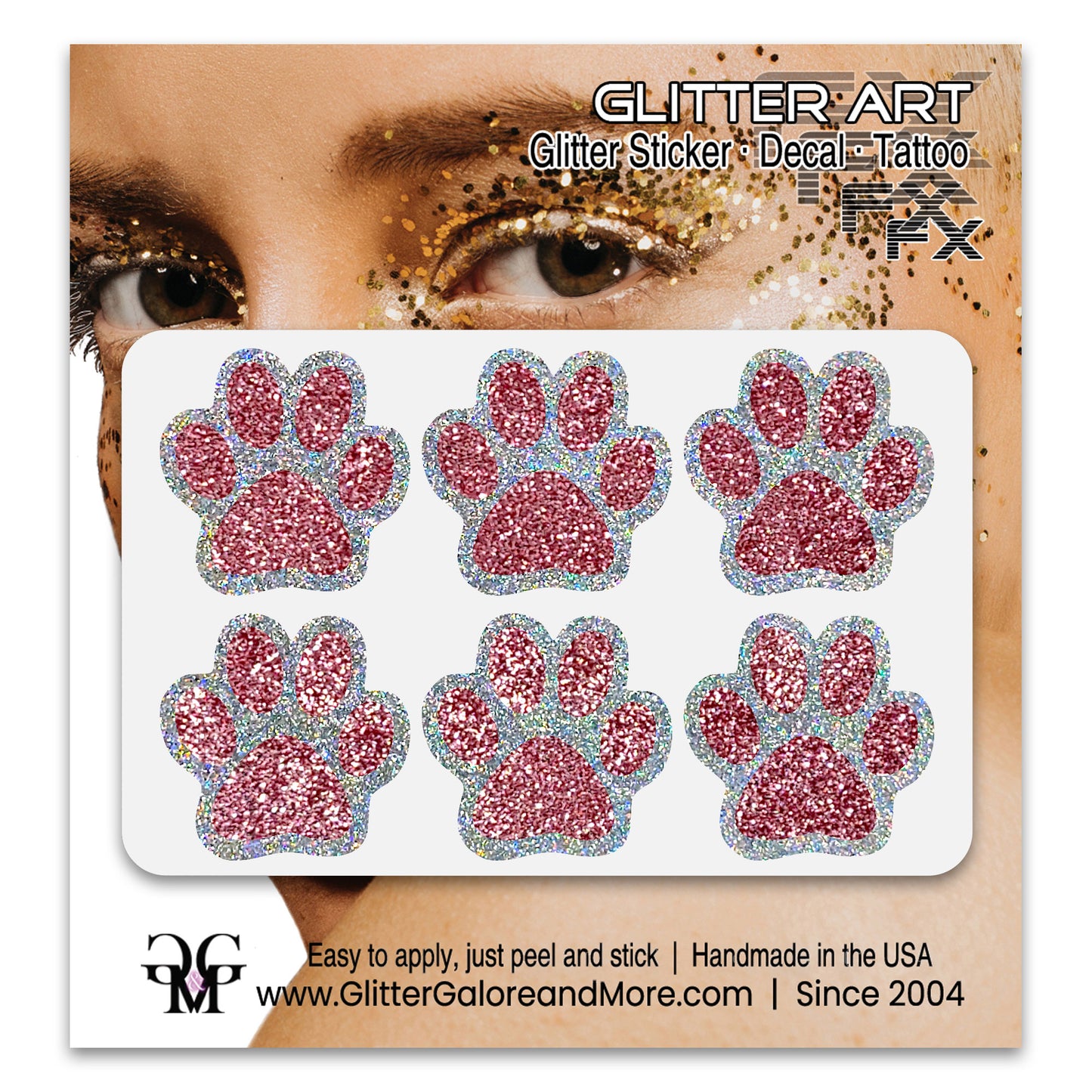 Glitter Paw Print Face Stickers, Silver Holographic Border with 34 Custom Fill Colors