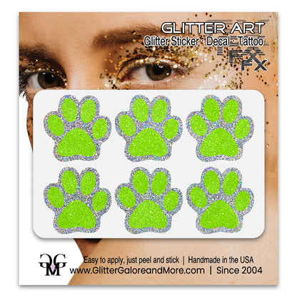 Glitter Paw Print Face Stickers, Silver Holographic Border with 34 Custom Fill Colors