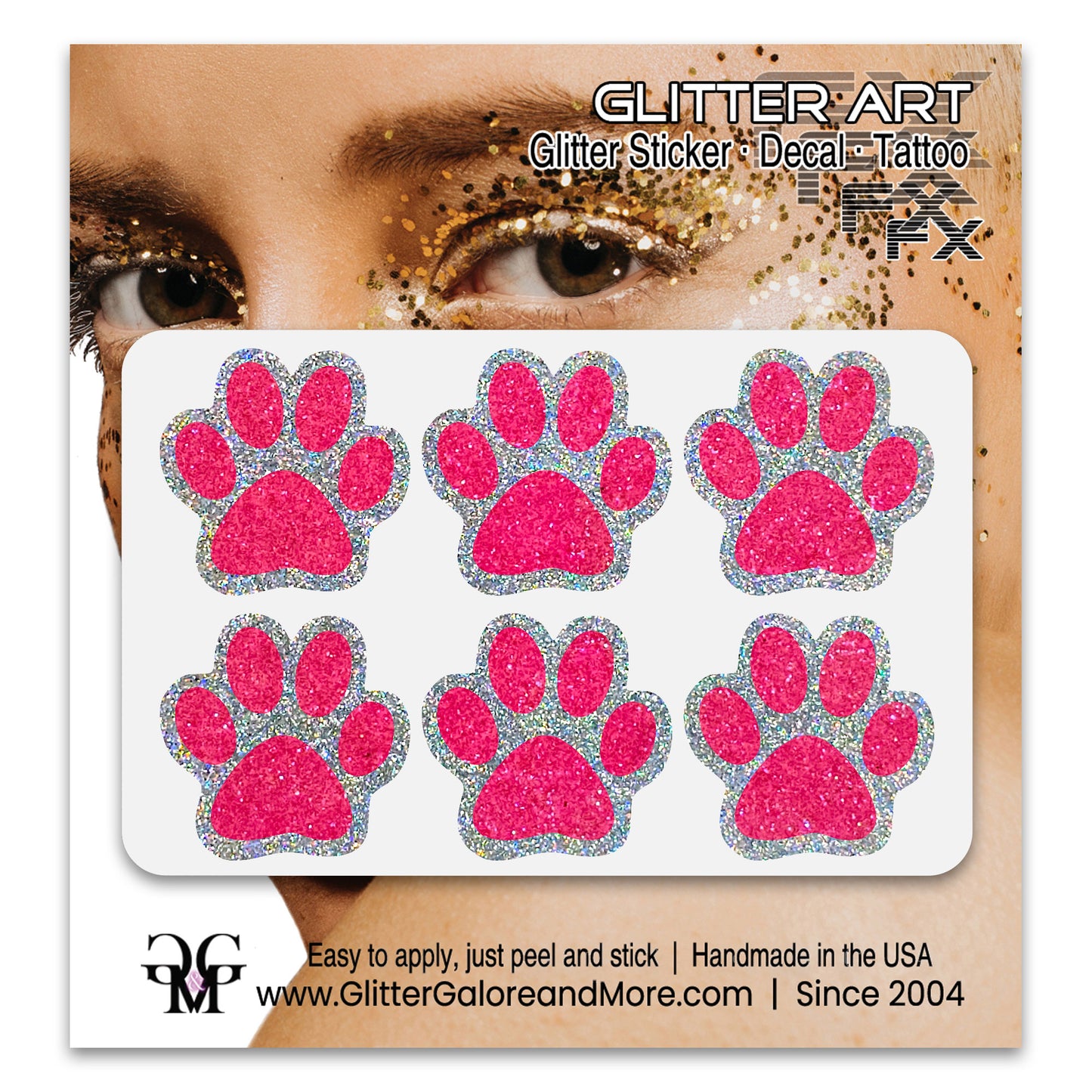 Glitter Paw Print Face Stickers, Silver Holographic Border with 34 Custom Fill Colors