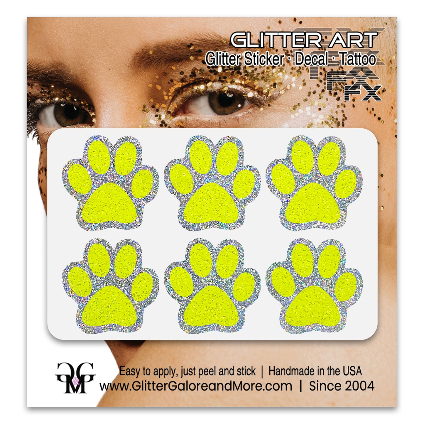 Glitter Paw Print Face Stickers, Silver Holographic Border with 34 Custom Fill Colors