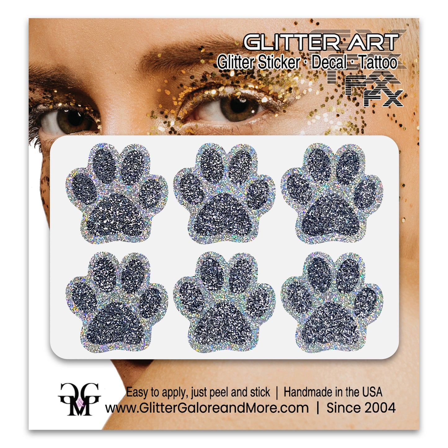 Glitter Paw Print Face Stickers, Silver Holographic Border with 34 Custom Fill Colors
