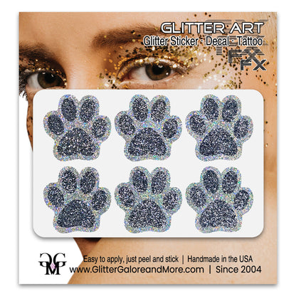 Glitter Paw Print Face Stickers, Silver Holographic Border with 34 Custom Fill Colors
