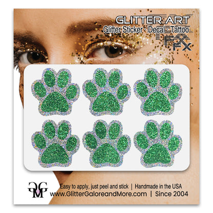 Glitter Paw Print Face Stickers, Silver Holographic Border with 34 Custom Fill Colors