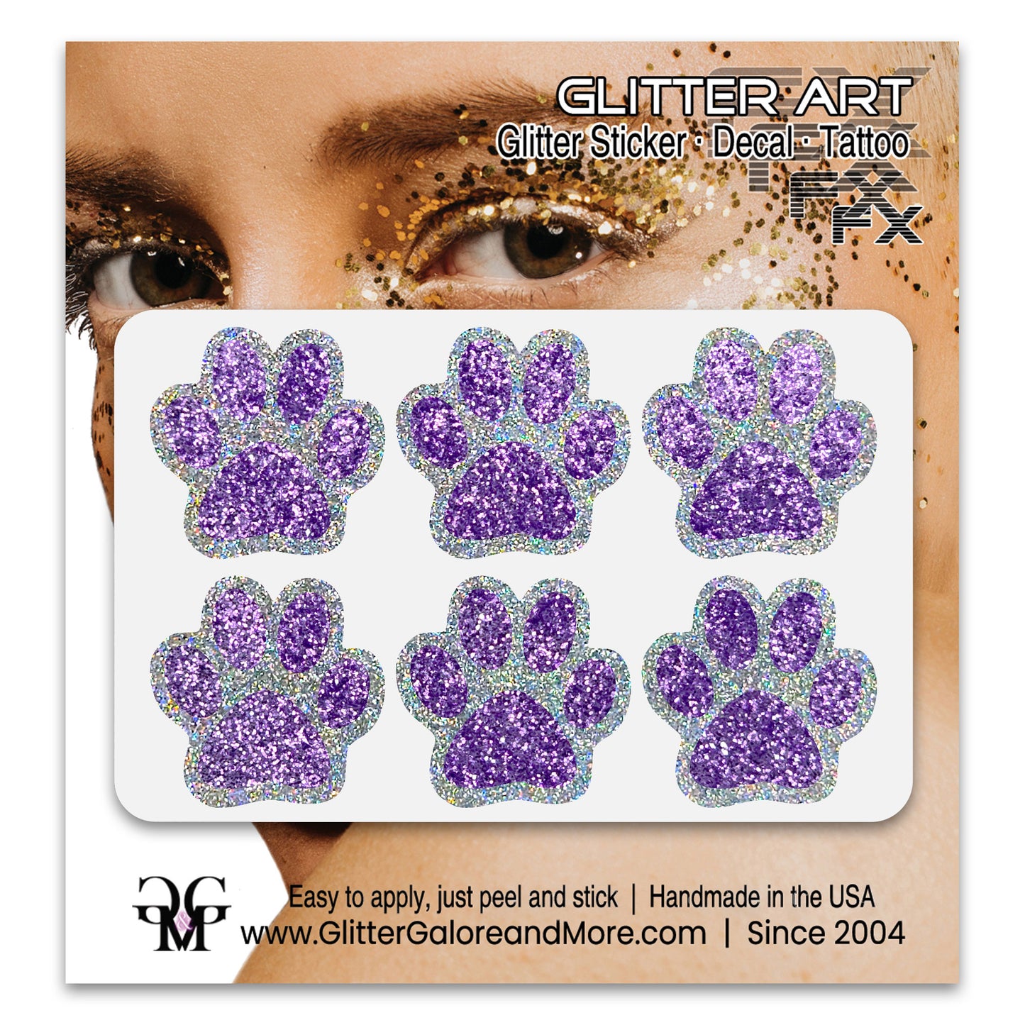 Glitter Paw Print Face Stickers, Silver Holographic Border with 34 Custom Fill Colors
