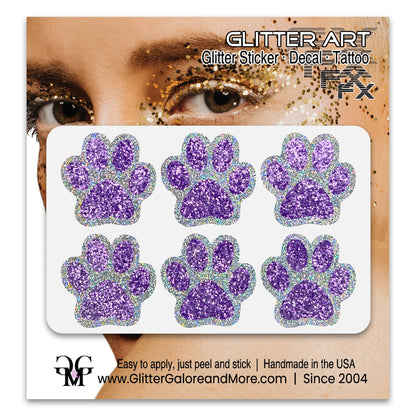 Glitter Paw Print Face Stickers, Silver Holographic Border with 34 Custom Fill Colors