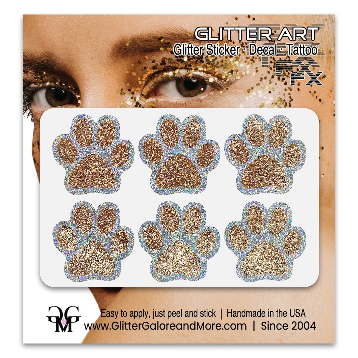 Glitter Paw Print Face Stickers, Silver Holographic Border with 34 Custom Fill Colors