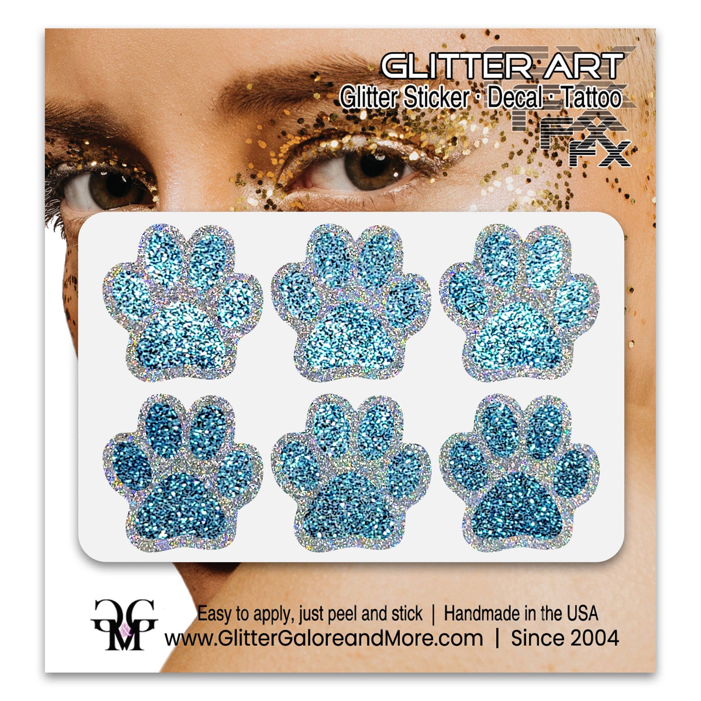 Glitter Paw Print Face Stickers, Silver Holographic Border with 34 Custom Fill Colors