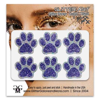 Glitter Paw Print Face Stickers, Silver Holographic Border with 34 Custom Fill Colors