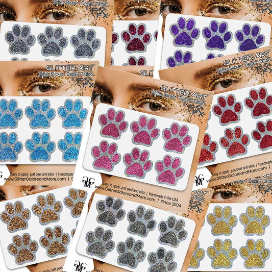 Glitter Paw Print Face Stickers, Silver Holographic Border with 34 Custom Fill Colors