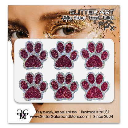 Glitter Paw Print Face Stickers, Silver Holographic Border with 34 Custom Fill Colors