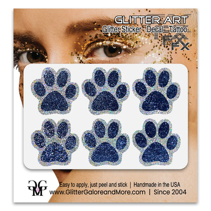 Glitter Paw Print Face Stickers, Silver Holographic Border with 34 Custom Fill Colors