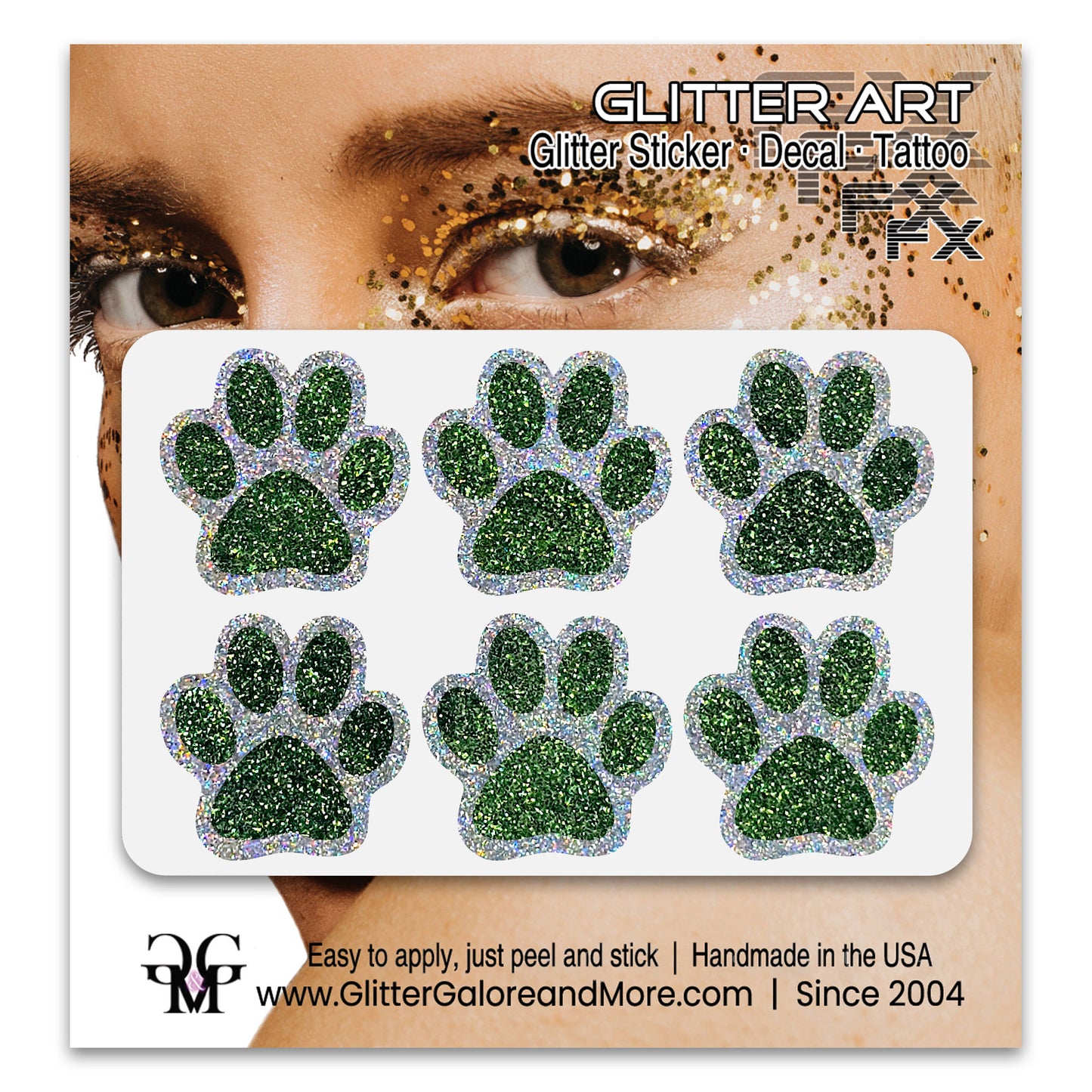 Glitter Paw Print Face Stickers, Silver Holographic Border with 34 Custom Fill Colors
