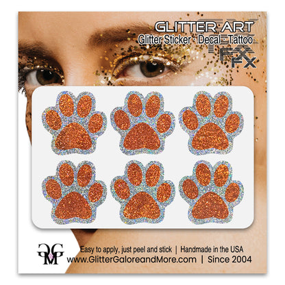 Glitter Paw Print Face Stickers, Silver Holographic Border with 34 Custom Fill Colors