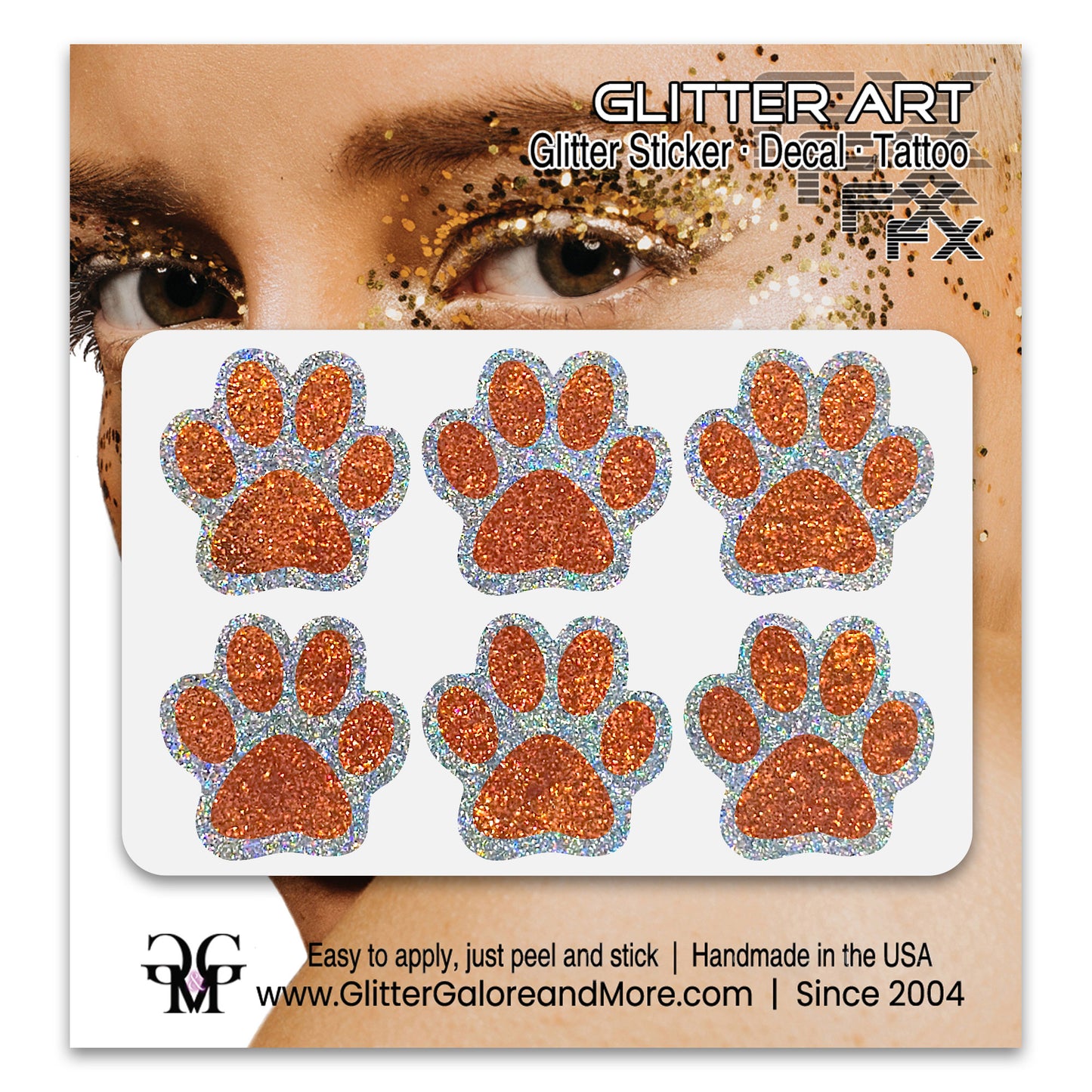 Glitter Paw Tattoo Stickers, Customizable Two Color Way, 1 Inch Diameter 6 Pieces - Silver and Gold Borders