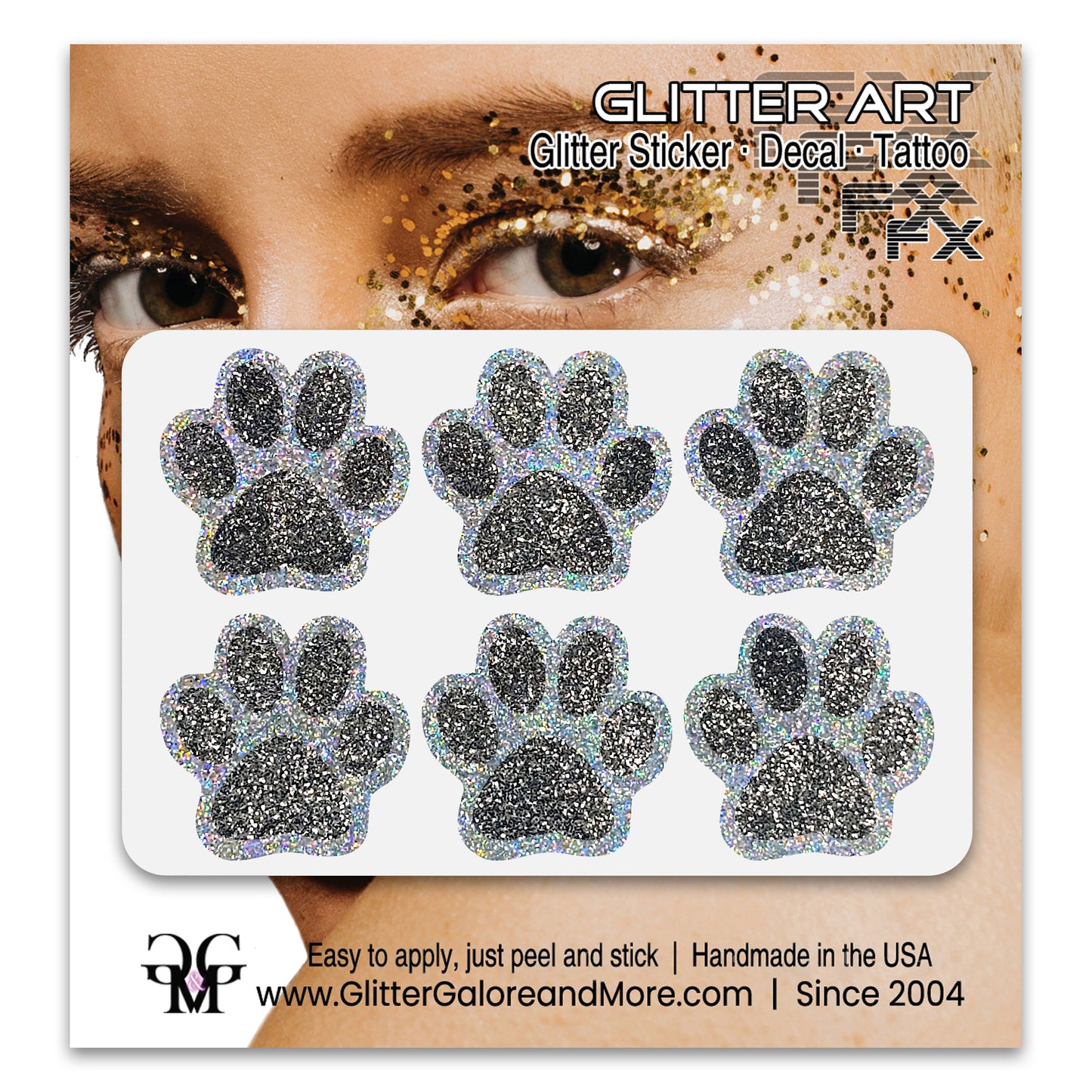 Glitter Paw Print Face Stickers, Silver Holographic Border with 34 Custom Fill Colors