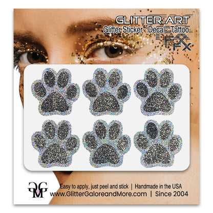 Glitter Paw Print Face Stickers, Silver Holographic Border with 34 Custom Fill Colors