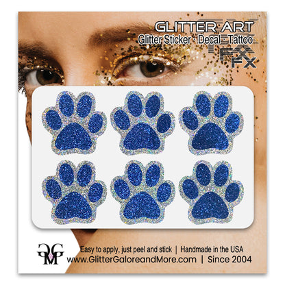 Glitter Paw Print Face Stickers, Silver Holographic Border with 34 Custom Fill Colors