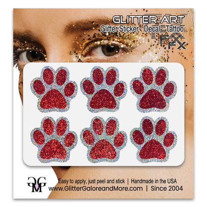 Glitter Paw Print Face Stickers, Silver Holographic Border with 34 Custom Fill Colors