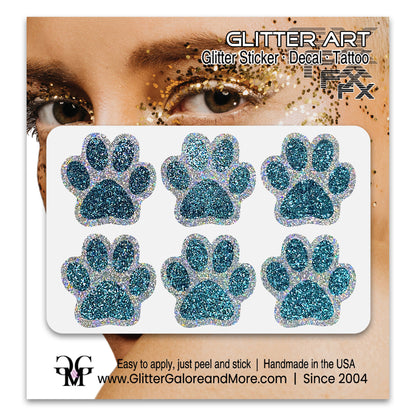 Glitter Paw Print Face Stickers, Silver Holographic Border with 34 Custom Fill Colors