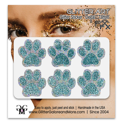 Glitter Paw Print Face Stickers, Silver Holographic Border with 34 Custom Fill Colors