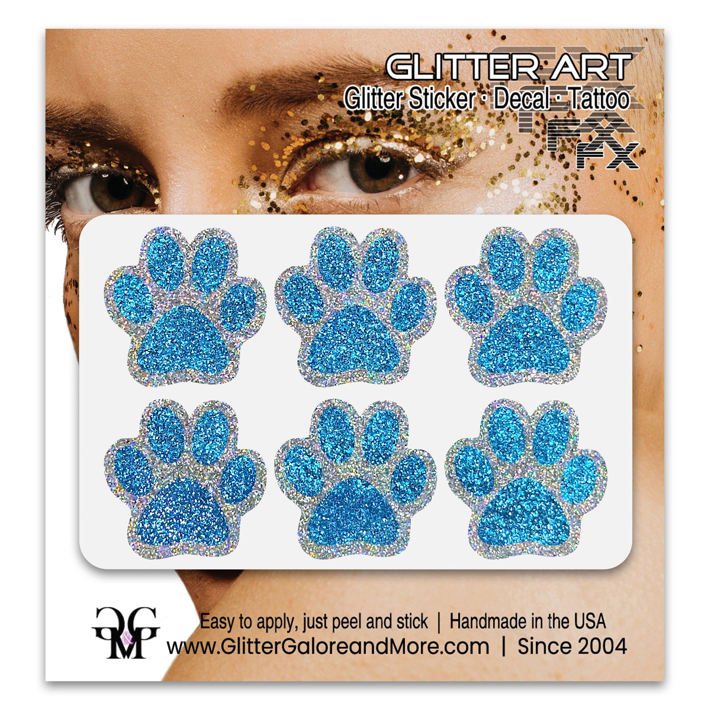 Glitter Paw Print Face Stickers, Silver Holographic Border with 34 Custom Fill Colors