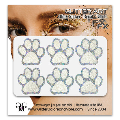 Glitter Paw Print Face Stickers, Silver Holographic Border with 34 Custom Fill Colors