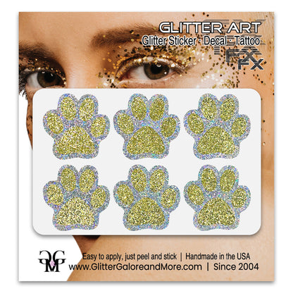 Glitter Paw Print Face Stickers, Silver Holographic Border with 34 Custom Fill Colors