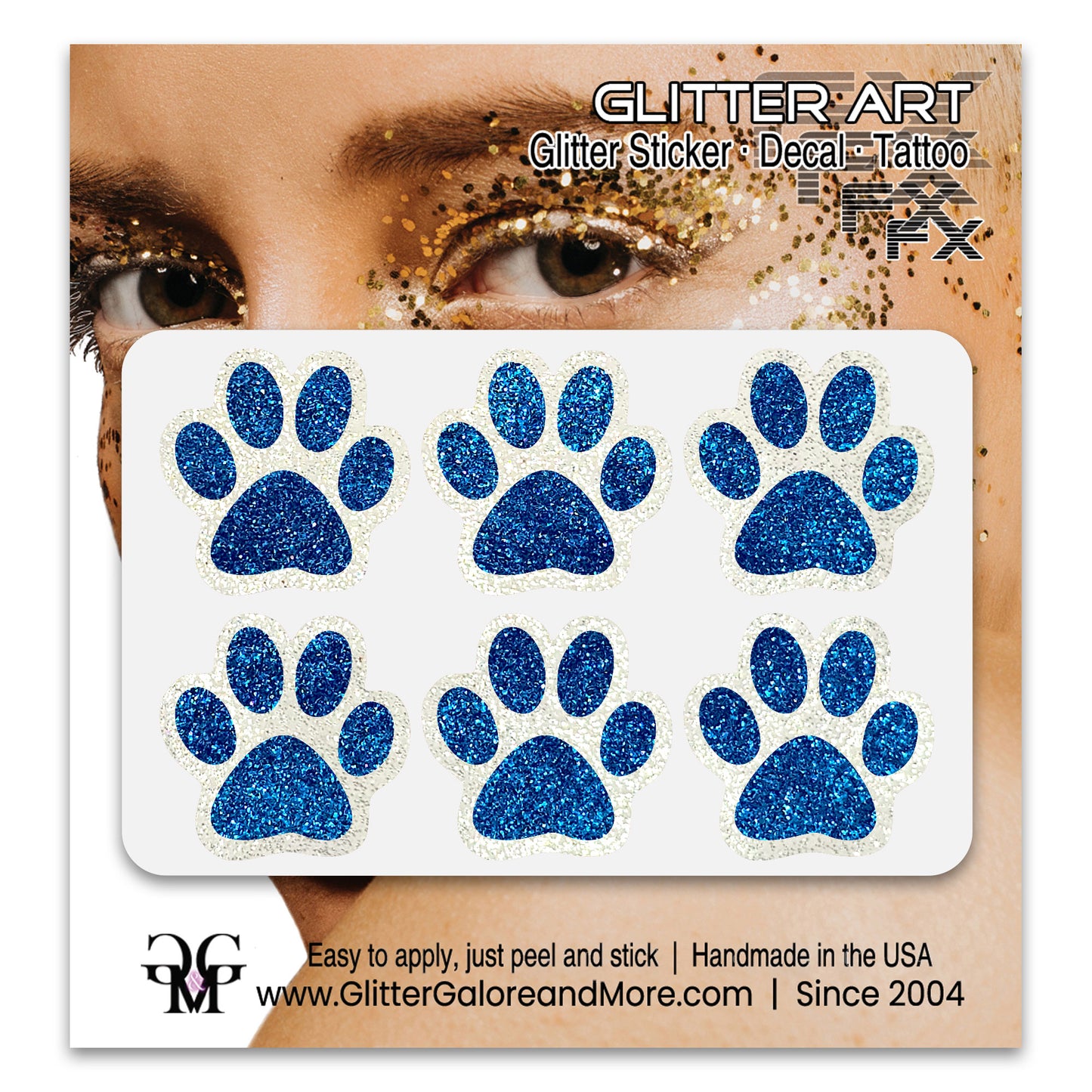 Glitter Paw Tattoo Stickers, Customizable Two Color Way, 1 Inch Diameter 6 Pieces, Black and White Borders