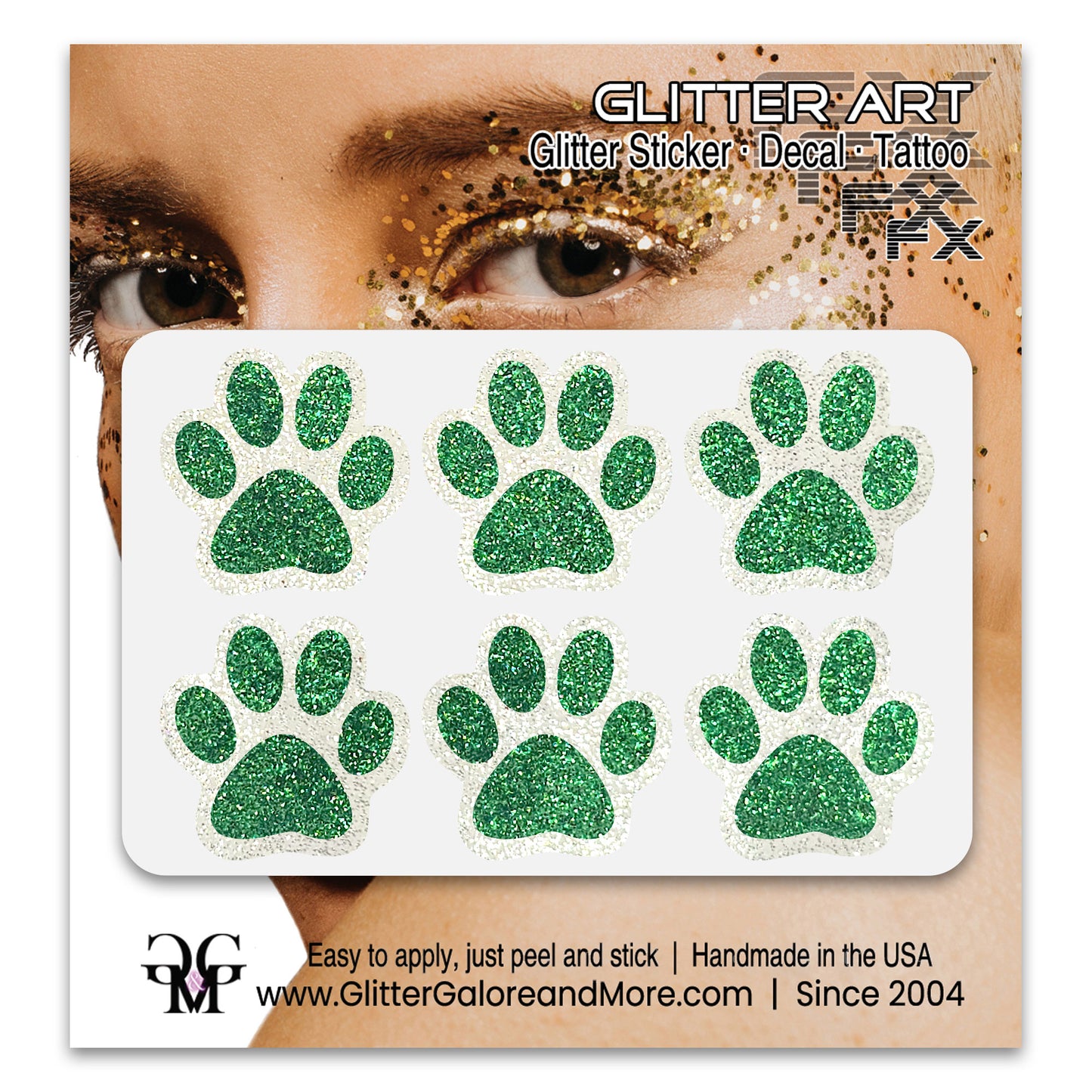 Glitter Paw Tattoo Stickers, Customizable Two Color Way, 1 Inch Diameter 6 Pieces, Black and White Borders