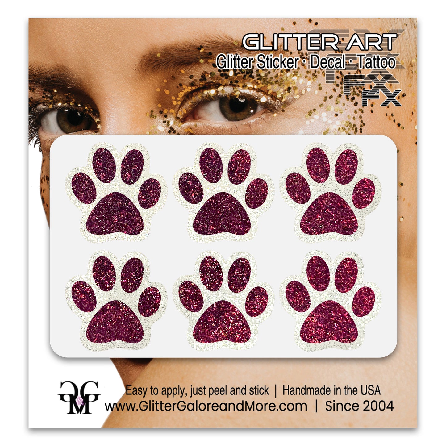 Glitter Paw Tattoo Stickers, Customizable Two Color Way, 1 Inch Diameter 6 Pieces, Black and White Borders