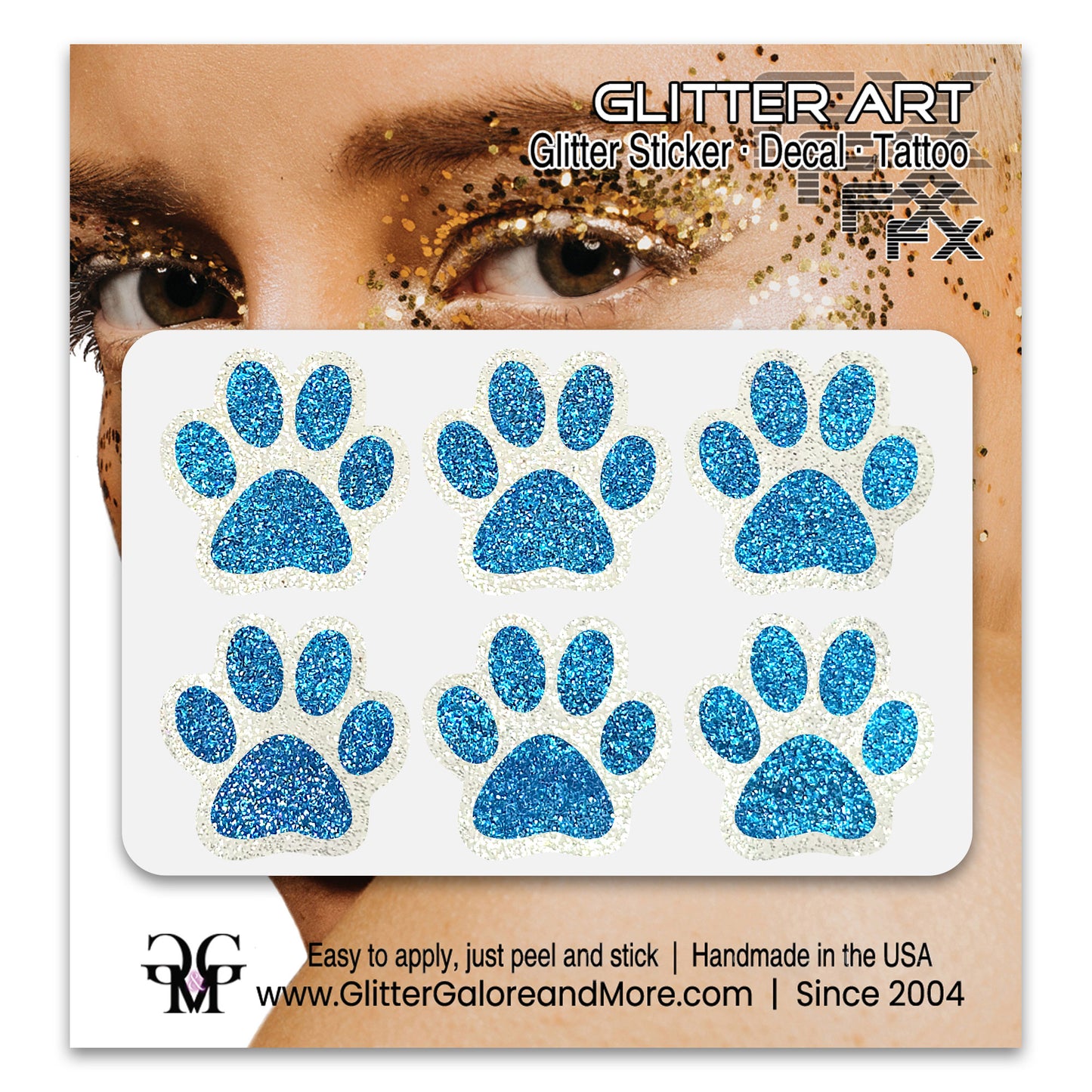 Glitter Paw Tattoo Stickers, Customizable Two Color Way, 1 Inch Diameter 6 Pieces, Black and White Borders