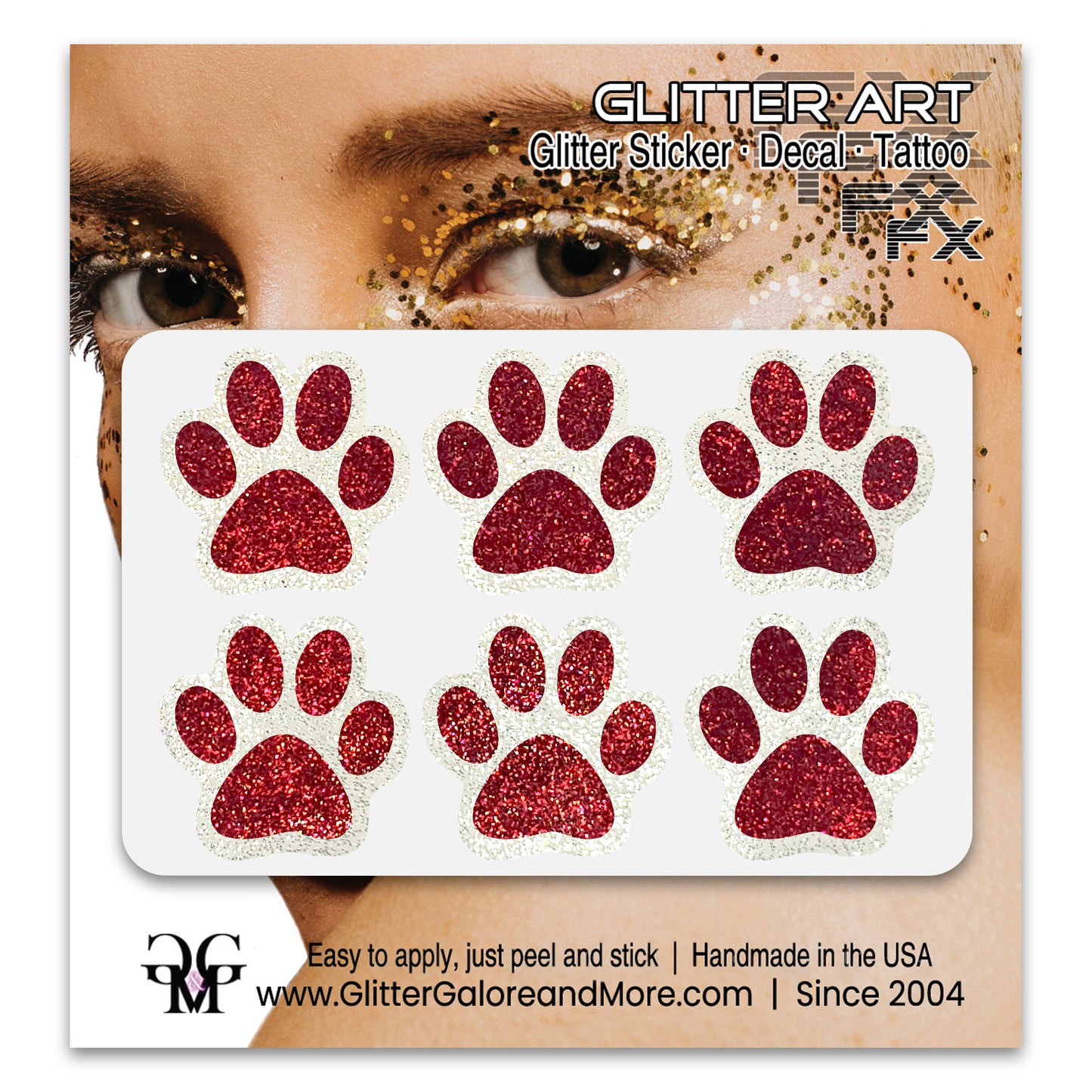 Glitter Paw Tattoo Stickers, Customizable Two Color Way, 1 Inch Diameter 6 Pieces, Black and White Borders