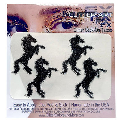 Rearing Horse Glitter Tattoo Sticker in Silver and Black Glitter.