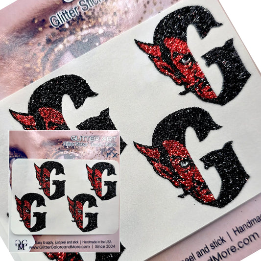 Glittery black and red glitter stickers shaped like stylized letters G, shown on a white backing sheet with a small inset of the packaged product.