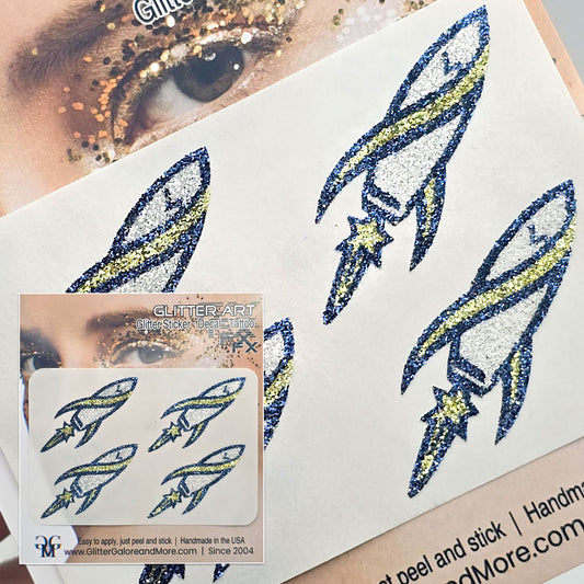 Lowellville Rockets in Blue, Yellow, and White Glitter, Sticker Tattoos 4 piece set.