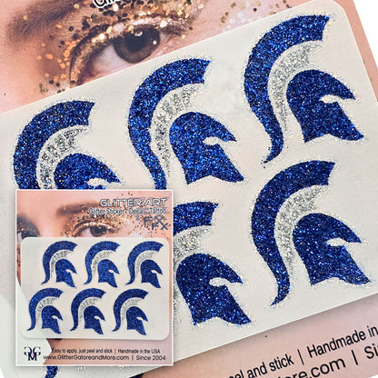 Spartan Face Decal in Royal Blue and Silver Glitter, Hempfield Spartans.