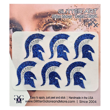 Hempfield Spartan Helmet Face Tattoo in School Glitter Colors.