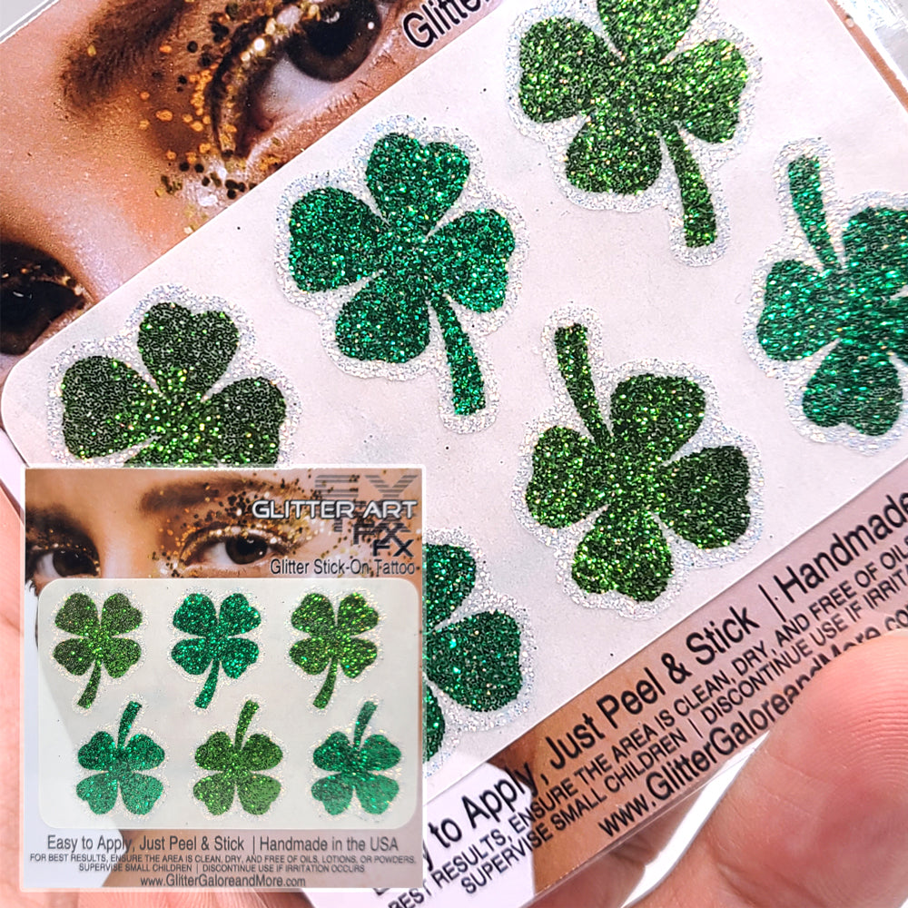 St Patrick's Day Face and Body Glitter Stickers, Clovers, Rainbows, Pots of Gold, Leprechaun Hats
